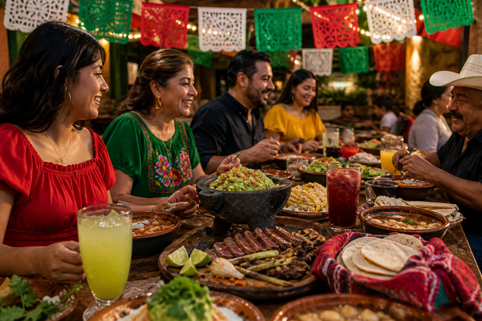 Fiestas Patrias family feast table with papel picado banners, carne asada, guacamole and aguas frescas
